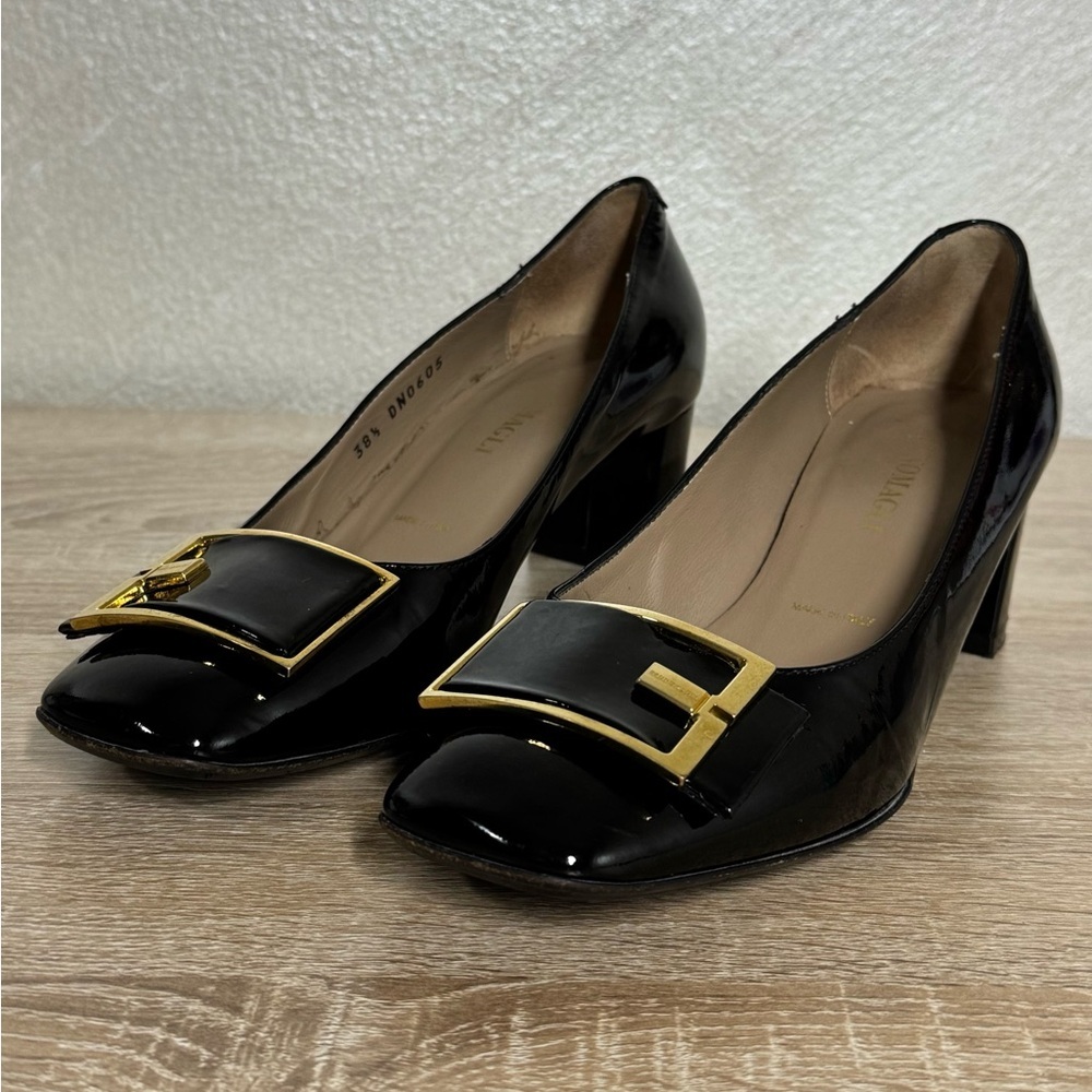 Bruno Magli Size 38.5 US 7.5 Black Patent Leather Block Heel Shoes Buckle